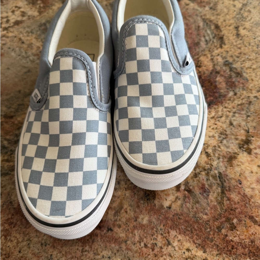 Vans Kids Checkerboard Slip-On Sneakers in Light Blue and White